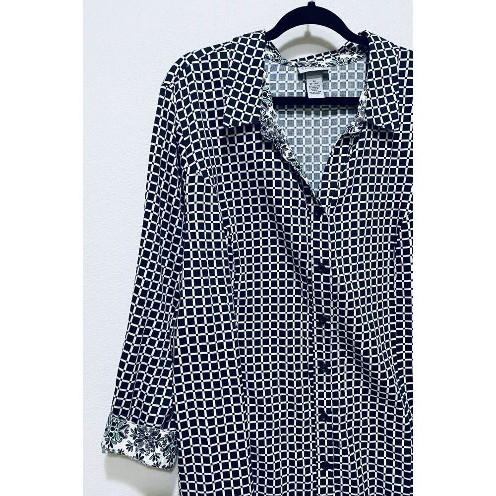 Catherines Top Womens 3X Black Window Pane Print Cotton 3/4 Sleeve Mature Career - Picture 4 of 8